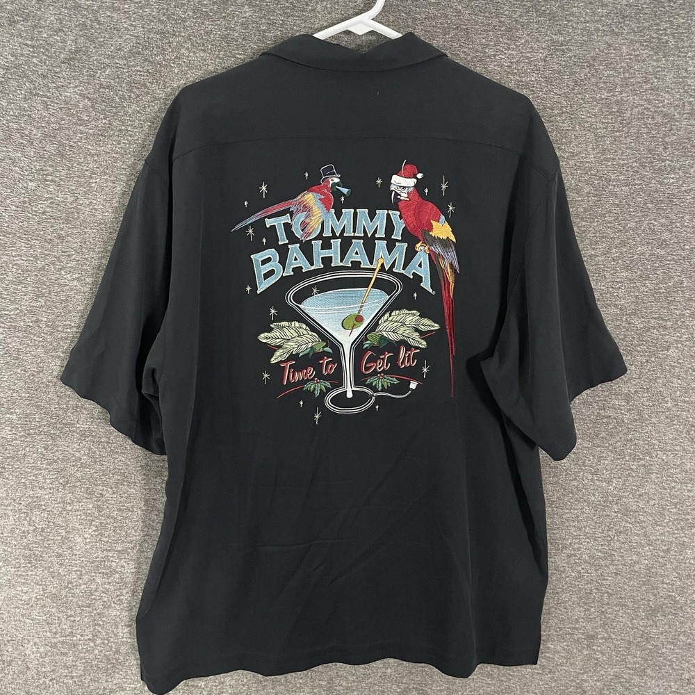 Tommy Bahama Shirt Mens Large Black Silk Short Sleeve Parrot Graphic Holiday
